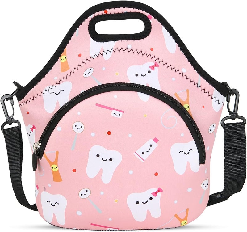 Violet Mist Neoprene Thermal Insulated Lunch Tote Bag for Women Soft Large with Extra Pocket Adjustable Shoulder Lunchbox Handbags adult Work Nurse Picnic Gift (Pink Teeth - Image 1