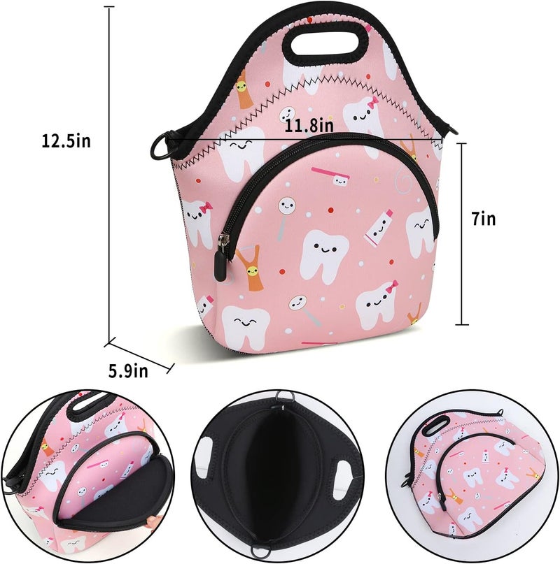 Violet Mist Neoprene Thermal Insulated Lunch Tote Bag for Women Soft Large with Extra Pocket Adjustable Shoulder Lunchbox Handbags adult Work Nurse Picnic Gift (Pink Teeth - Image 3