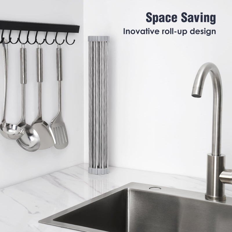 Tomorotec 17.7" x 12.5" Roll Up Dish Drying Rack Over Sink Drying Rack Sink Cover Kitchen Sink Accessories Gadget Multipurpose Organizer Foldable Stainless Steel Drainer - Image 3
