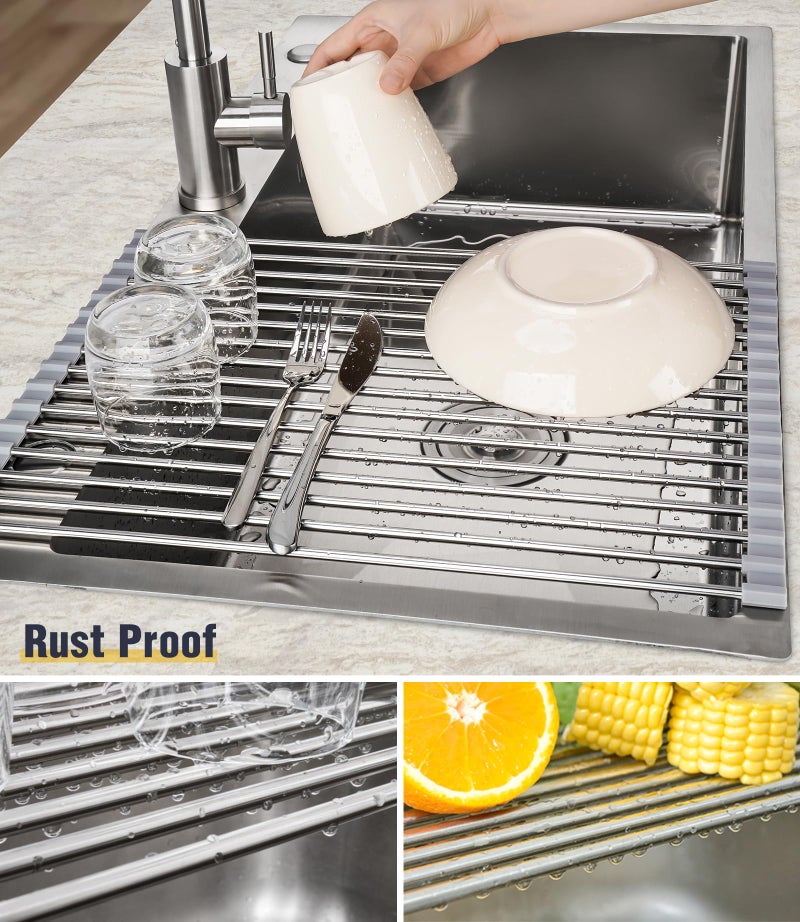 Tomorotec 17.7" x 12.5" Roll Up Dish Drying Rack Over Sink Drying Rack Sink Cover Kitchen Sink Accessories Gadget Multipurpose Organizer Foldable Stainless Steel Drainer - Image 2