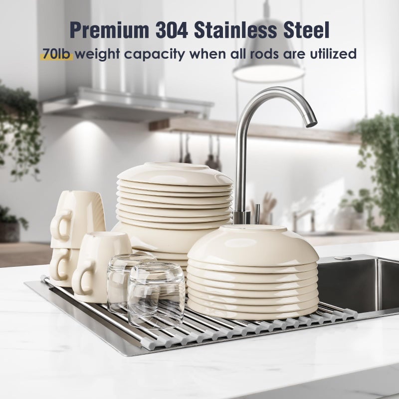 Tomorotec 17.7" x 12.5" Roll Up Dish Drying Rack Over Sink Drying Rack Sink Cover Kitchen Sink Accessories Gadget Multipurpose Organizer Foldable Stainless Steel Drainer - Image 5