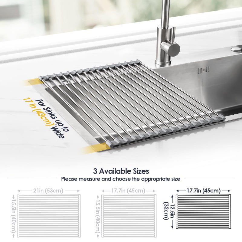Tomorotec 17.7" x 12.5" Roll Up Dish Drying Rack Over Sink Drying Rack Sink Cover Kitchen Sink Accessories Gadget Multipurpose Organizer Foldable Stainless Steel Drainer - Image 4
