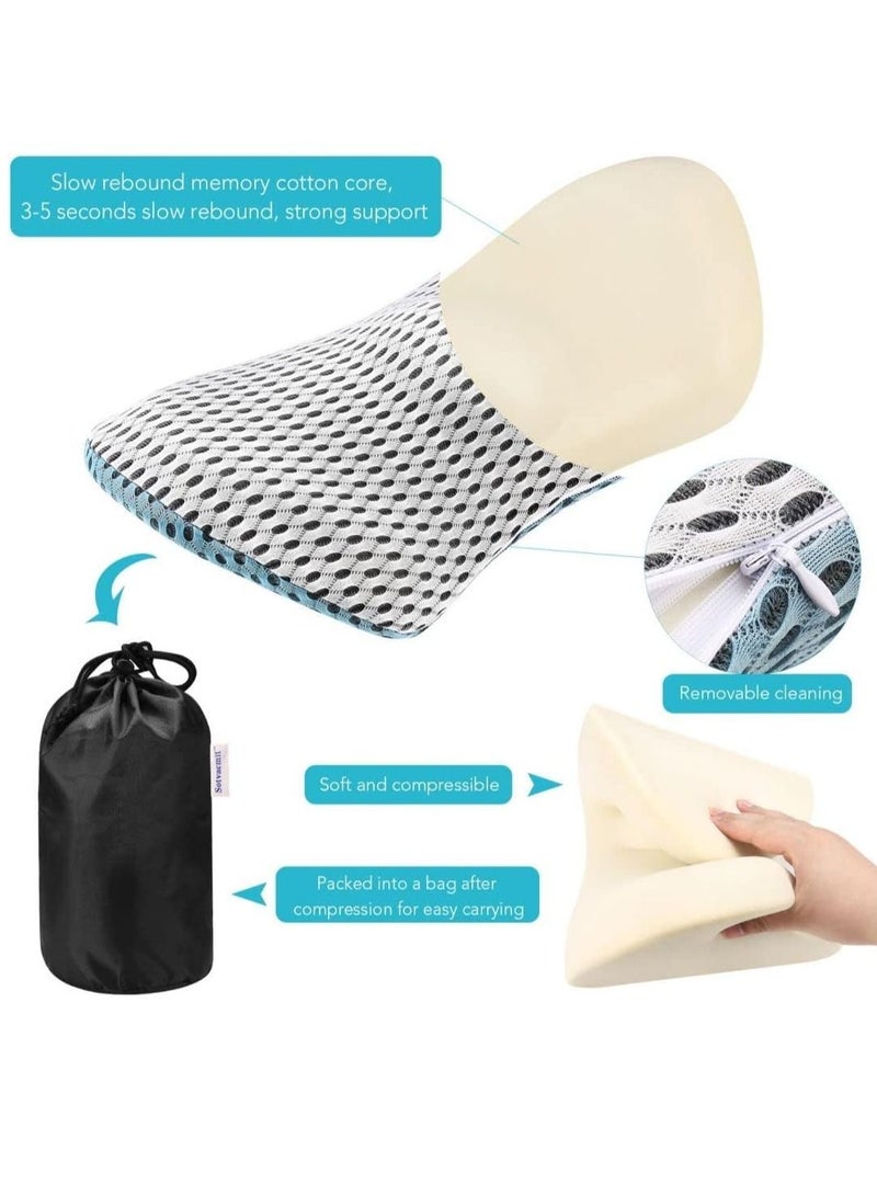 Lumbar Support Pillow for Bed, Ergonomic Back Support Memory Foam Lumbar Pillow for Sleeping, Lower Back Pain Relief, Detachable Washable Back Pillow for Office Chairs, Car Seats (Blue-White)