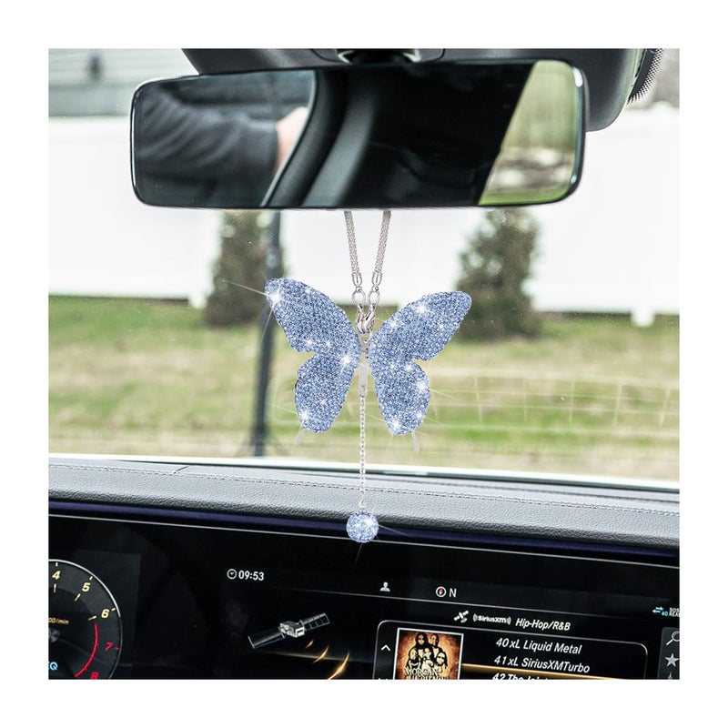 zipelo Bling Butterfly Diamond Car Accessories  Crystal Car Rear View Mirror Charms for Women  Car Decoration Lucky Gifts Hanging Interior Crystal Ornament Pendant Decor for All Cars (Light Blue) - Image 1