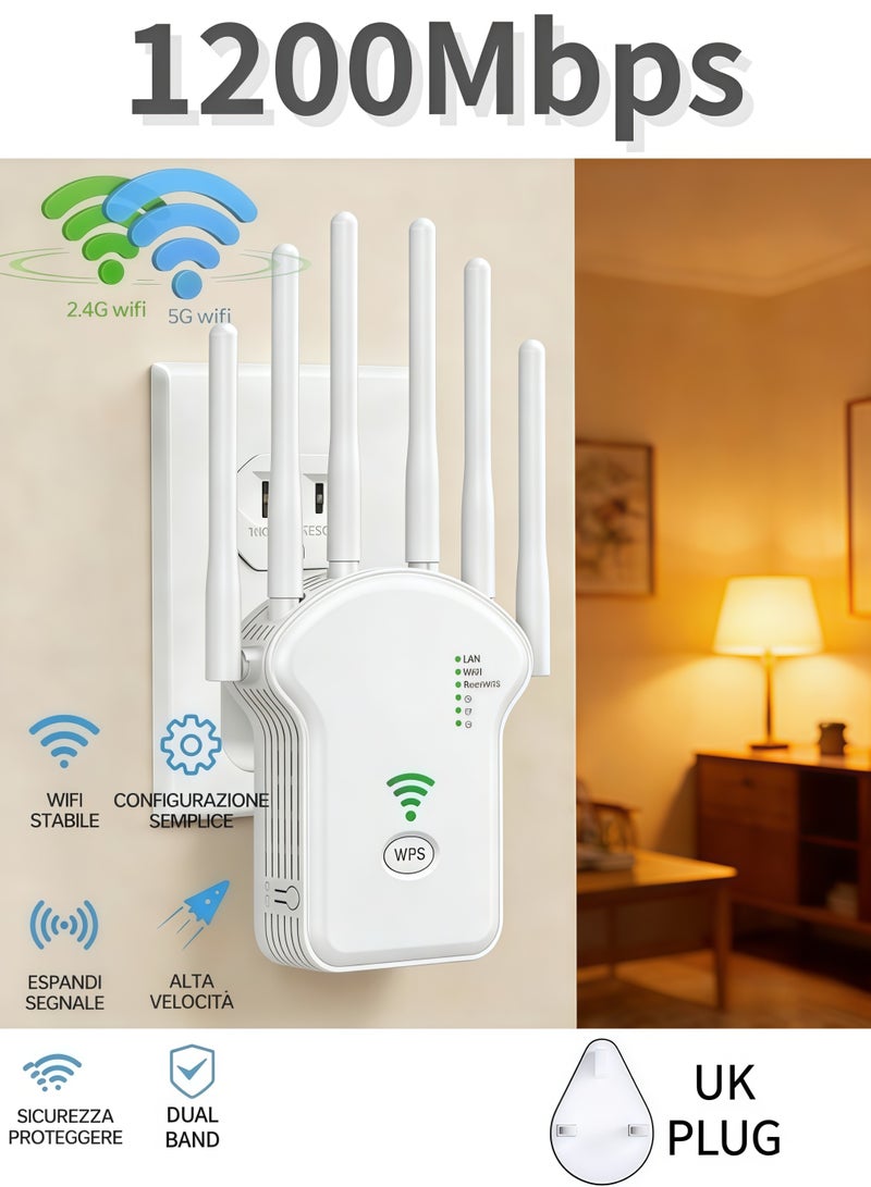 1200Mbps Wireless WiFi Repeater, 5G/2.4G Dual Band Wireless WiFi Range Extender, 6 Antenna Wireless Signal Booster, Internet Router Extender, Ethernet Port, 3 Modes, 360 ° Full Coverage - White - Image 1