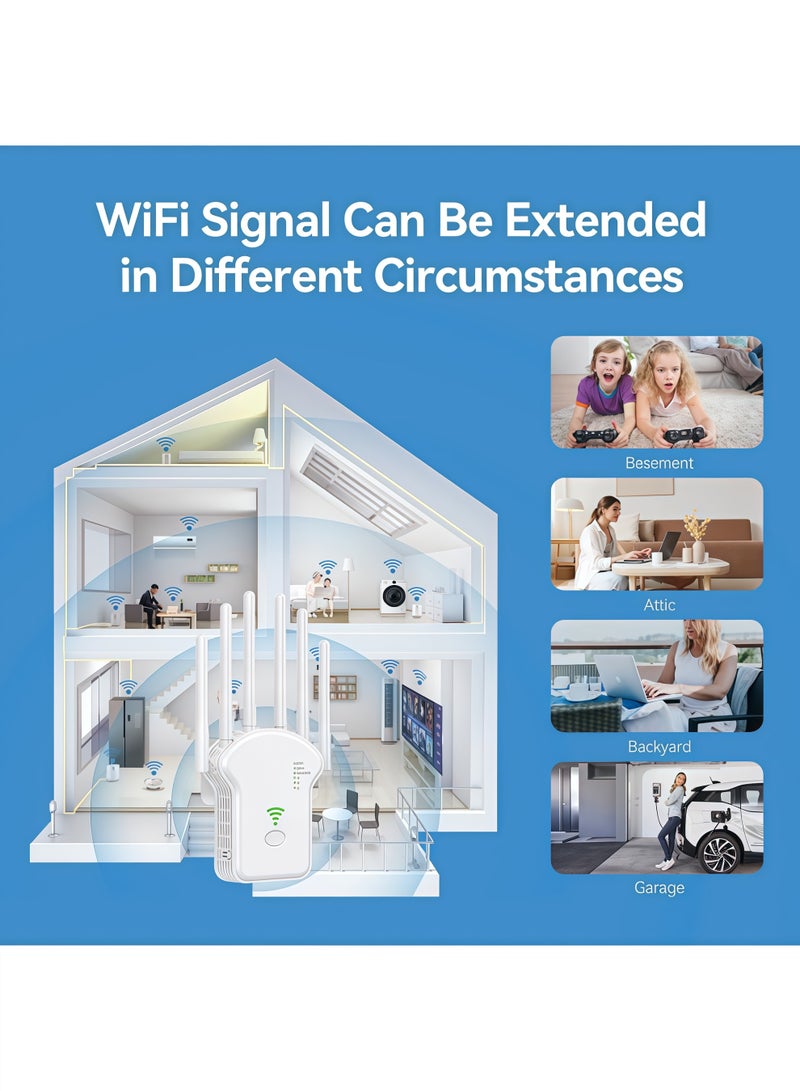 1200Mbps Wireless WiFi Repeater, 5G/2.4G Dual Band Wireless WiFi Range Extender, 6 Antenna Wireless Signal Booster, Internet Router Extender, Ethernet Port, 3 Modes, 360 ° Full Coverage - White - Image 4
