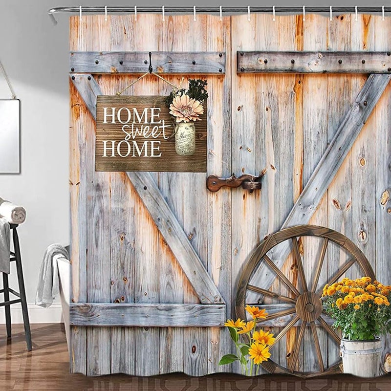 Jipusai Rustic Barn Door Shower Curtain for Bathroom, Western Farmhouse Yellow Daisy Floral Bath Curtain Sets,Fabric Countryside Wooden Cabin Decor Curtains with Hooks 70X70IN - Image 3