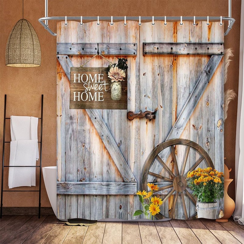Jipusai Rustic Barn Door Shower Curtain for Bathroom, Western Farmhouse Yellow Daisy Floral Bath Curtain Sets,Fabric Countryside Wooden Cabin Decor Curtains with Hooks 70X70IN - Image 1