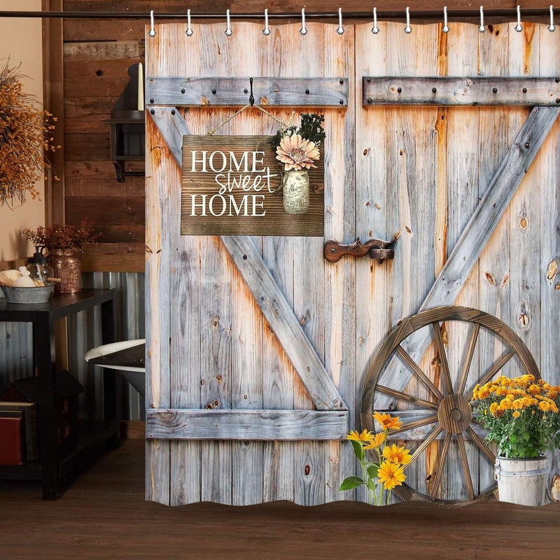 Jipusai Rustic Barn Door Shower Curtain for Bathroom, Western Farmhouse Yellow Daisy Floral Bath Curtain Sets,Fabric Countryside Wooden Cabin Decor Curtains with Hooks 70X70IN - Image 4