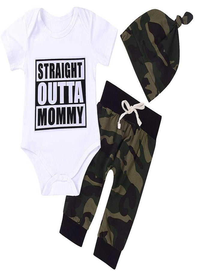 Kashoer Cute 3pcs Newborn Baby Boys Letter Print Romper+Camouflage Pants+Hat Outfits Set (White&Outta, 3-6Months) - Image 1