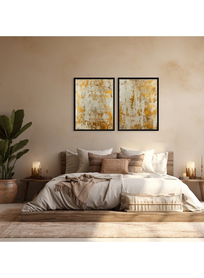 آرت دیکور  طباعة فنية مؤطرة لديكور فني راقٍ بتصميم بورتريه لجبال تجريدية – طقم من قطعتين – مناظر طبيعية عصرية باللونين الأبيض والذهبي، ديكور جداري أنيق لغرفة المعيشة أو غرفة النوم أو المكتب أو الاستوديو – مؤطر وجاهز للتقديم كهدية. - Image 2