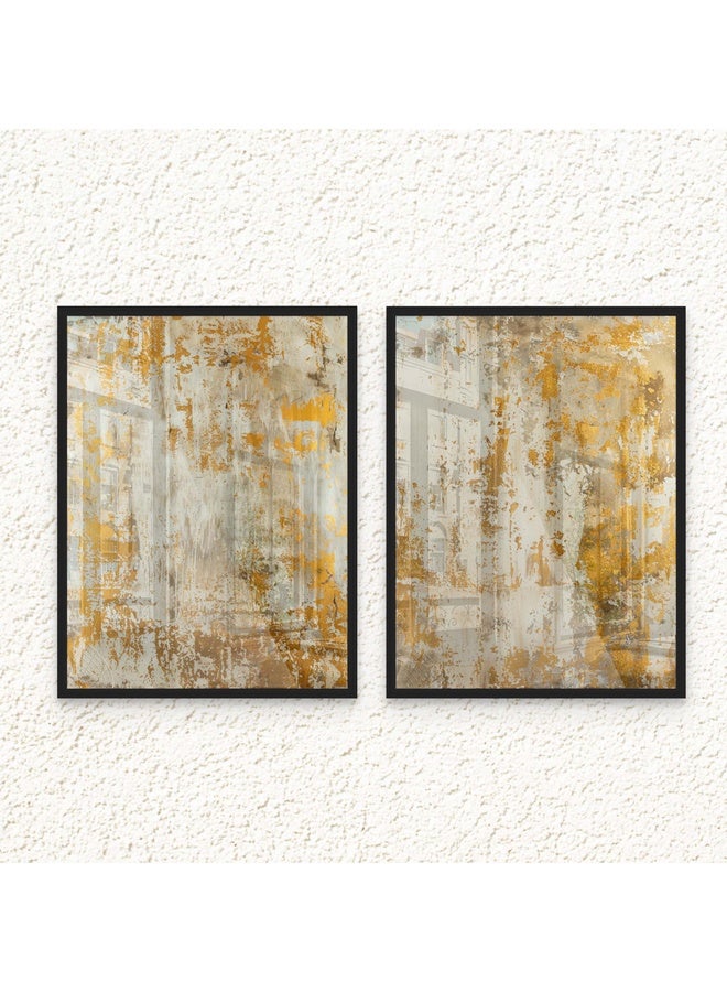 آرت دیکور  طباعة فنية مؤطرة لديكور فني راقٍ بتصميم بورتريه لجبال تجريدية – طقم من قطعتين – مناظر طبيعية عصرية باللونين الأبيض والذهبي، ديكور جداري أنيق لغرفة المعيشة أو غرفة النوم أو المكتب أو الاستوديو – مؤطر وجاهز للتقديم كهدية. - Image 1