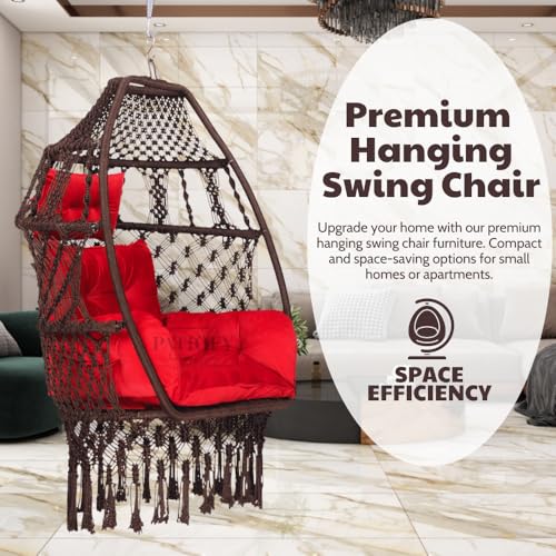 Patiofy Polyester Foldable Egg Chair/Swing Chair for Adults/Hammock Hanging Swing for Balcony, Indoor & Outdoor/Hanging Jhula with Free Red Sitting Cushion & Hanging Kit/ 200Kgs Weight Capacity-Brown - Image 5