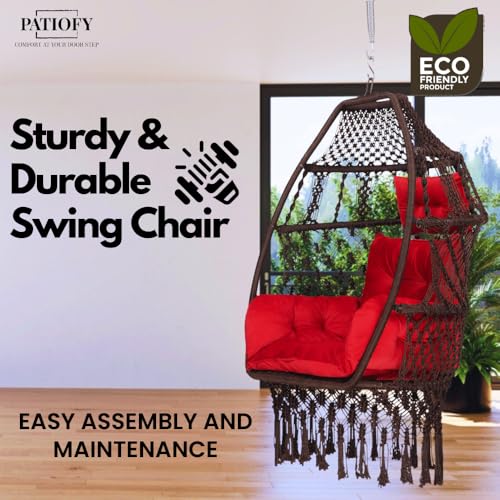 Patiofy Polyester Foldable Egg Chair/Swing Chair for Adults/Hammock Hanging Swing for Balcony, Indoor & Outdoor/Hanging Jhula with Free Red Sitting Cushion & Hanging Kit/ 200Kgs Weight Capacity-Brown - Image 4