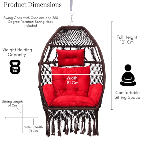 Patiofy Polyester Foldable Egg Chair/Swing Chair for Adults/Hammock Hanging Swing for Balcony, Indoor & Outdoor/Hanging Jhula with Free Red Sitting Cushion & Hanging Kit/ 200Kgs Weight Capacity-Brown - Image 2