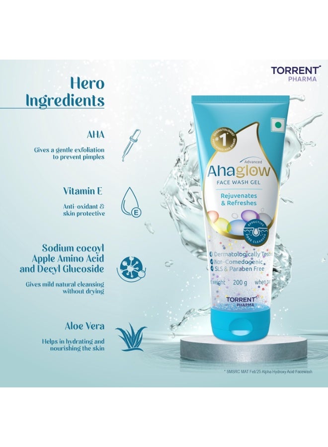 Ahaglow Advanced Face Wash Gel with AHA(Alpha-Hydroxy Acid)|Jojoba Oil|Tea Tree Oil|Allantoin|Vitamin E|Oakbark Extract|Dermatologically Tested| 200g  (Pack of 3) - Torrent Pharma - Image 3