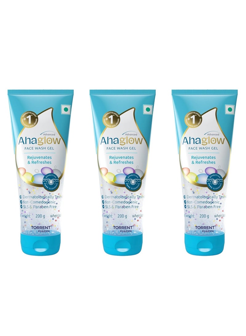 Ahaglow Advanced Face Wash Gel with AHA(Alpha-Hydroxy Acid)|Jojoba Oil|Tea Tree Oil|Allantoin|Vitamin E|Oakbark Extract|Dermatologically Tested| 200g  (Pack of 3) - Torrent Pharma - Image 1