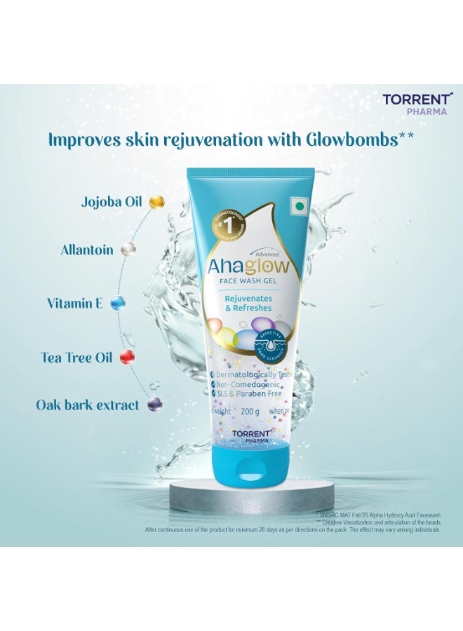 Ahaglow Advanced Face Wash Gel with AHA(Alpha-Hydroxy Acid)|Jojoba Oil|Tea Tree Oil|Allantoin|Vitamin E|Oakbark Extract|Dermatologically Tested| 200g  (Pack of 3) - Torrent Pharma - Image 2