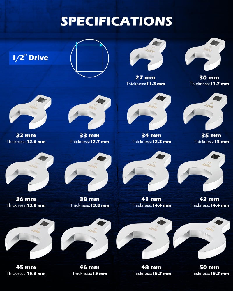 Orion Motor Tech 14pc Jumbo Crowfoot Wrench Set, Metric Crows Foot Wrench Set for 27 to 50 mm Flare Nuts, Chrome Plated Cr-V Steel Crowfoot Wrenches for 1/2" Drive Rachet & Extender with Storage Case - Image 3
