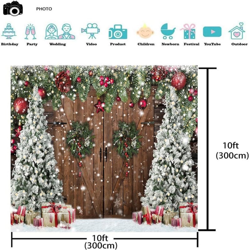 ARS Christmas Backdrops for Photography, Winter Rustic Barn Wood Door Photo Background Xmas Eve Tree Snow Banner Family Holiday Party Decoration Supplies Portraits Photo Booth Studio Props 7x5ft - Image 2