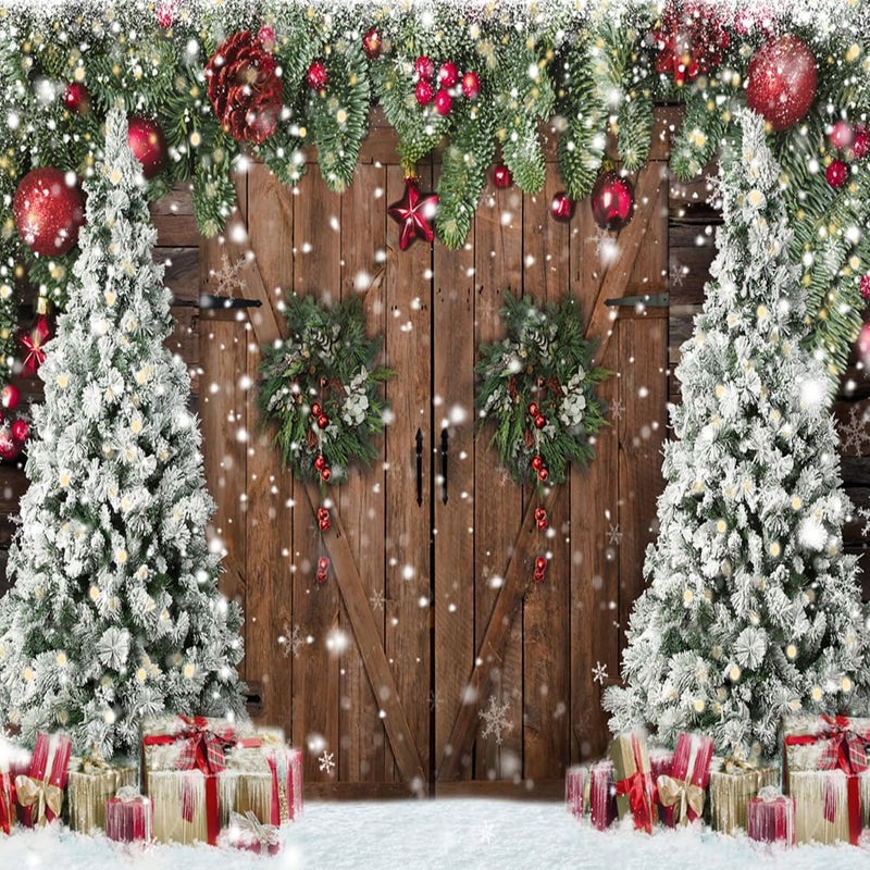 ARS Christmas Backdrops for Photography, Winter Rustic Barn Wood Door Photo Background Xmas Eve Tree Snow Banner Family Holiday Party Decoration Supplies Portraits Photo Booth Studio Props 7x5ft - Image 1