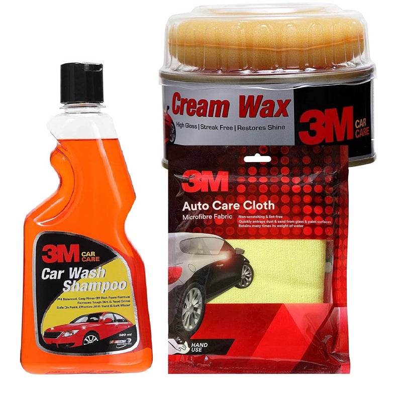 3M Combo of Cream Wax, Microfiber Cloth and Car Shampoo (500 ml) | High Foam | Streak Free | Glossy Car Care Combo - Image 1