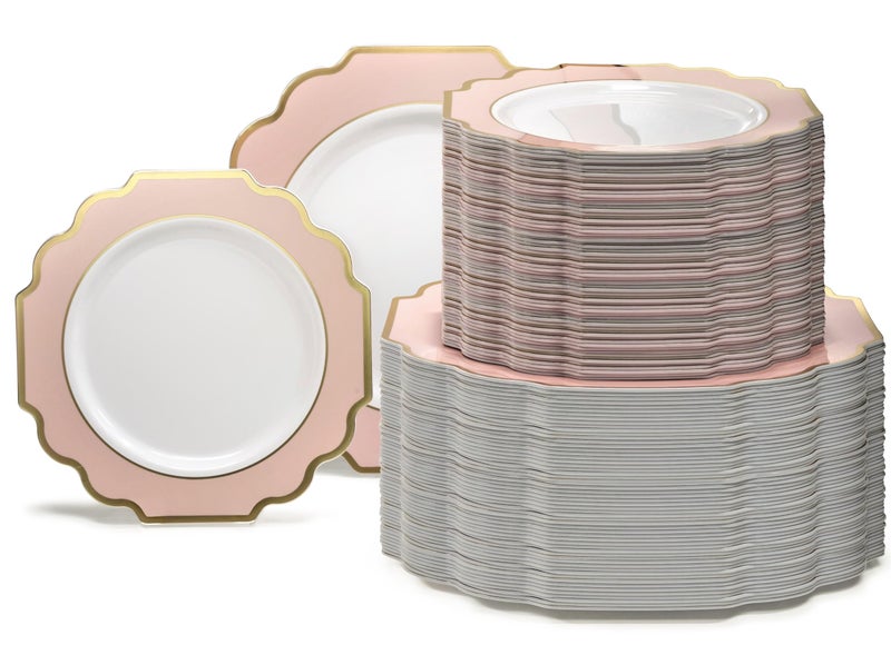 OCCASIONS FINEST PLASTIC TABLEWARE OCCASIONS  240 Plates Pack 120 Guests Heavyweight Wedding Party Disposable Plastic Plates Set 120 x 105 Dinner  120 x 8 SaladDessert Plate Imperial in Blush  Gold 