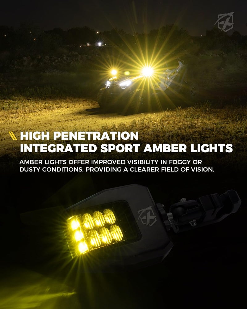 Xprite UTV Side Mirrors 2025 New Aluminum w/Amber LED Spot Light Amber Lens for 1.75"-2" Roll Cage Bar Compatible with Pioneer Polaris RZR, SXS, Can Am X3, Kawasaki Teryx Mule, Yamaha Rhino Wolverine - Image 2