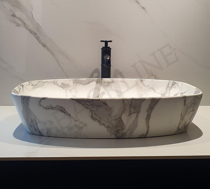 B BACKLINE ب بكلين سيراميك حوض غسيل مصمم سطح الطاولة حوض مضاد للحوض لغرفة المعيشة الحمام المكتب المنزلي الفنادق 61 × 38 × 135 سم - Image 3