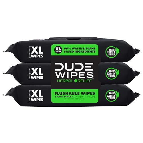 DUDE Wipes - Flushable Wipes - 3 Pack, 144 Count - Herbal Relief Extra-Large - With Hazel & Geranium Essential Oils - Septic and Sewer Safe - Image 1
