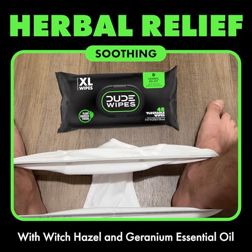 DUDE Wipes - Flushable Wipes - 3 Pack, 144 Count - Herbal Relief Extra-Large - With Hazel & Geranium Essential Oils - Septic and Sewer Safe - Image 4