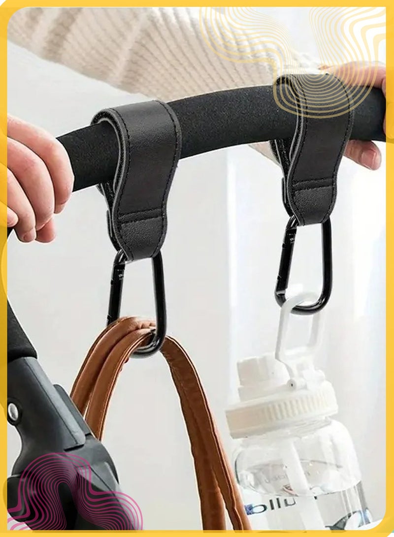 شي آند ليتل 4 قطع خطافات لعربة الأطفال، خطافات متعددة الاستخدامات للأكياس، خطافات بلاستيكية دوارة 360°، خطافات جلد قابلة للتعديل لعربة الأطفال، مناسبة لحمل الزجاجات أو حقيبة الحفاضات (أسود) - Image 2