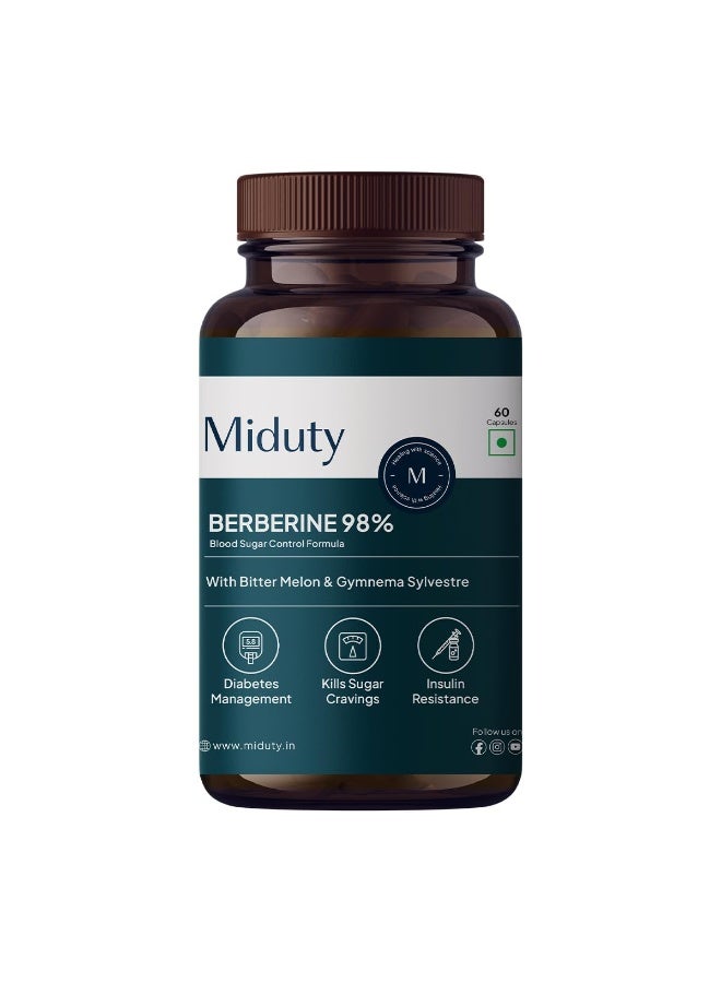 Miduty High Strength Berberine HCL 98% Triple Benefits of Blood Sugar Control, Vitamins, Minerals - Diabetic and Pre-Diabetic Care - Stop Sugar Cravings - Lower Blood Sugar levels - 60 Capsules - Image 1