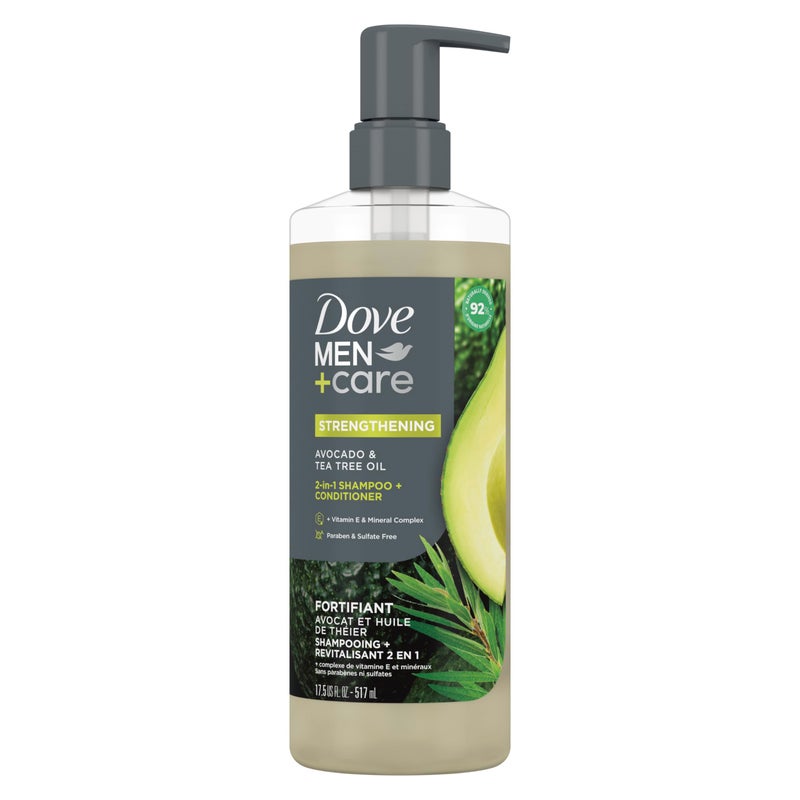 Dove Men+Care شامبو + بلسم دوف للرجال 2 في 1 بزيت الأفوكادو وزيت شجرة الشاي لتقوية الشعر، مع فيتامين E ومجمع المعادن، 17.5 أونصة - Image 1
