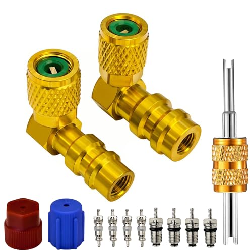 VOTNMIC R12 to R134A AC Retrofit Fitting Adapter Kit Brass R12 R22 to R134A HighLow Fitting Port Retrofit 14 to 71620 UNF Conversion Adapter 90 Angled High and Low Side Conversion Kit - Image 1