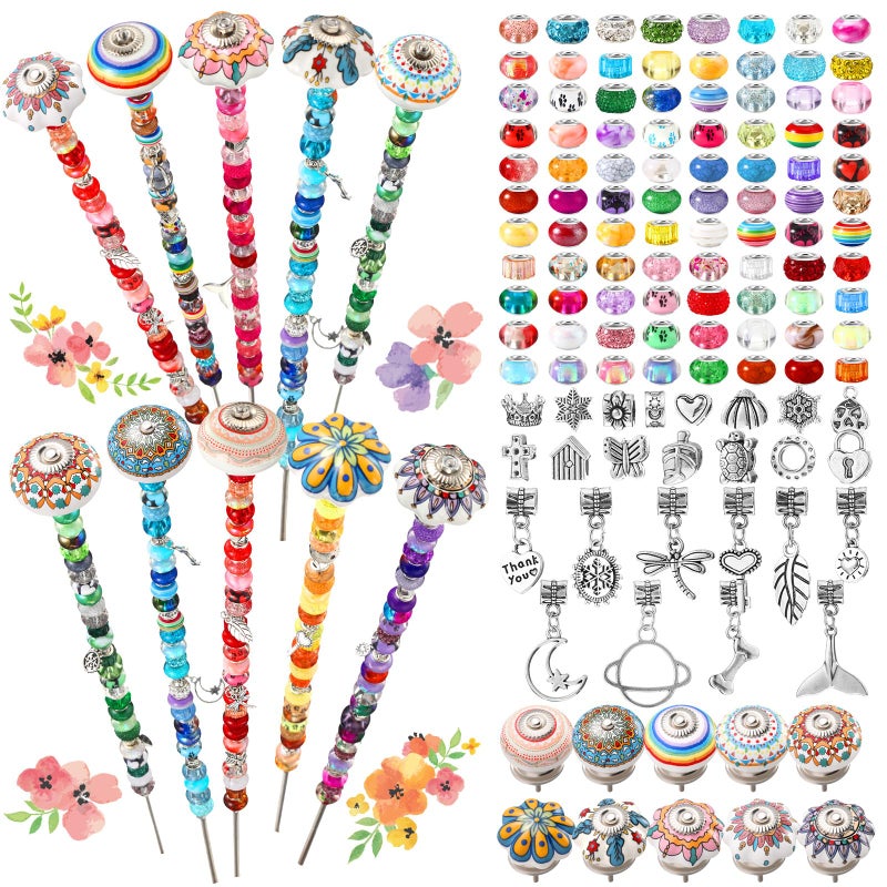 Silipull 255 Pcs 14 Inch Garden Stakes Decorative Ceramic Mushroom and Pumpkin Round Beaded Garden Stakes Decor Fairy Sticks for Indoor Outdoor Yard Lawn Pathway Patio Decoration - Image 1