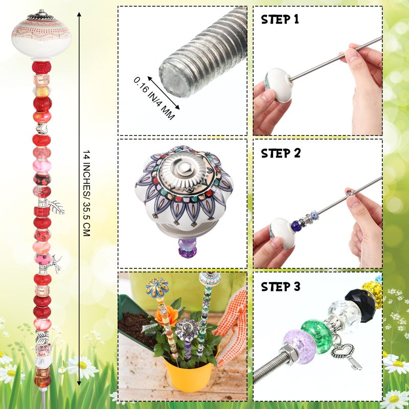 Silipull 255 Pcs 14 Inch Garden Stakes Decorative Ceramic Mushroom and Pumpkin Round Beaded Garden Stakes Decor Fairy Sticks for Indoor Outdoor Yard Lawn Pathway Patio Decoration - Image 2