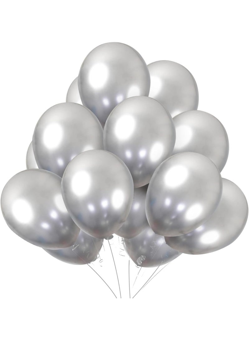 بالونات لاتكس فضية معدنية - عبوة من 50 بالونة هيليوم دائرية مقاس 12 بوصة لتزيين حفلات أعياد الميلاد وحفلات الزفاف والتخرج وحفلات استقبال المولود الجديد