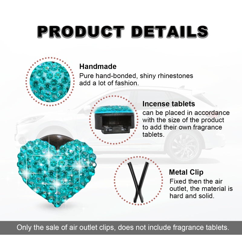 RBOKO 2Pcs Car Air Vent Clip, Bling Crystal Heart Charms Car Air Vent Clips, Air Conditioning Outlet Clip Decorative, Interior Decoration Accessories Universal for Women and Man (blue) - Image 3