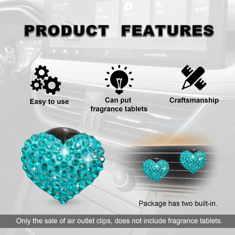 RBOKO 2Pcs Car Air Vent Clip, Bling Crystal Heart Charms Car Air Vent Clips, Air Conditioning Outlet Clip Decorative, Interior Decoration Accessories Universal for Women and Man (blue) - Image 4