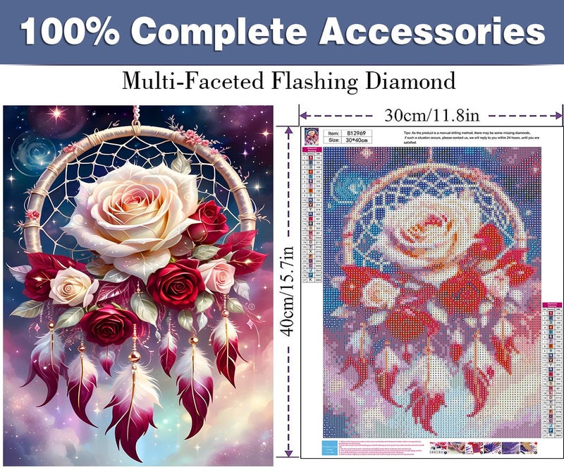 ijbnhd Rose Dream Catcher Diamond Painting Art Kit for Adults Rose Diamond Art Painting for Beginners Full Drill Round Gem Art Painting for Crafts Home Wall Decor Gift 12x16inch - Image 2