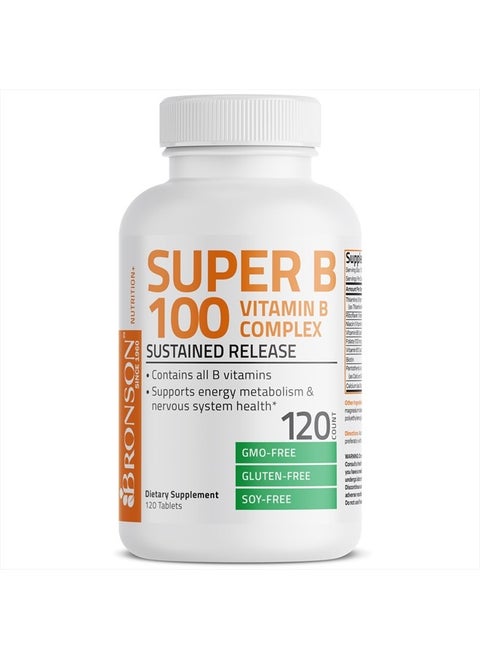 Vitamin B 100 Complex High Potency Sustained Release (Vitamin B1, B2, B3, B6, B9 - Folic Acid, B12), 120 Tablets