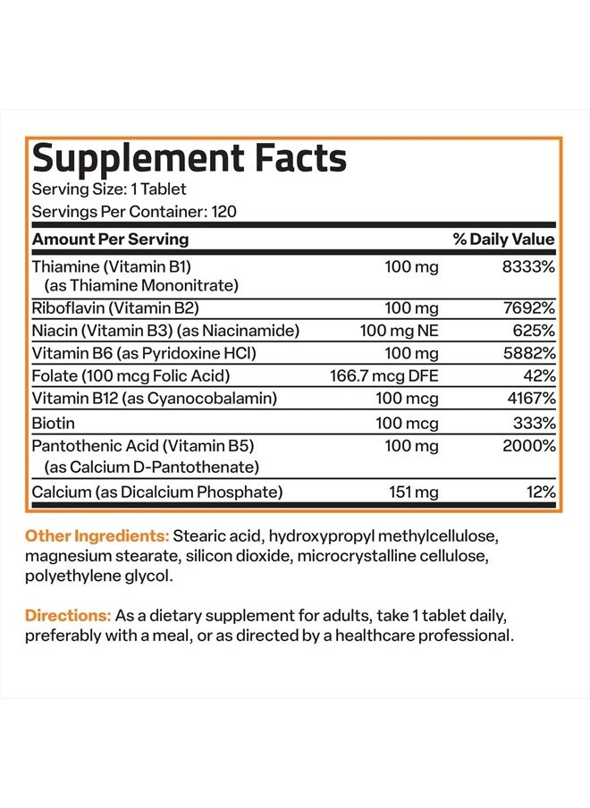 Bronson - Vitamin B 100 Complex High Potency Sustained Release (Vitamin B1, B2, B3, B6, B9 - Folic Acid, B12), 120 Tablets - Image 1