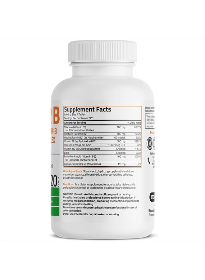 Bronson - Vitamin B 100 Complex High Potency Sustained Release (Vitamin B1, B2, B3, B6, B9 - Folic Acid, B12), 120 Tablets - Image 1