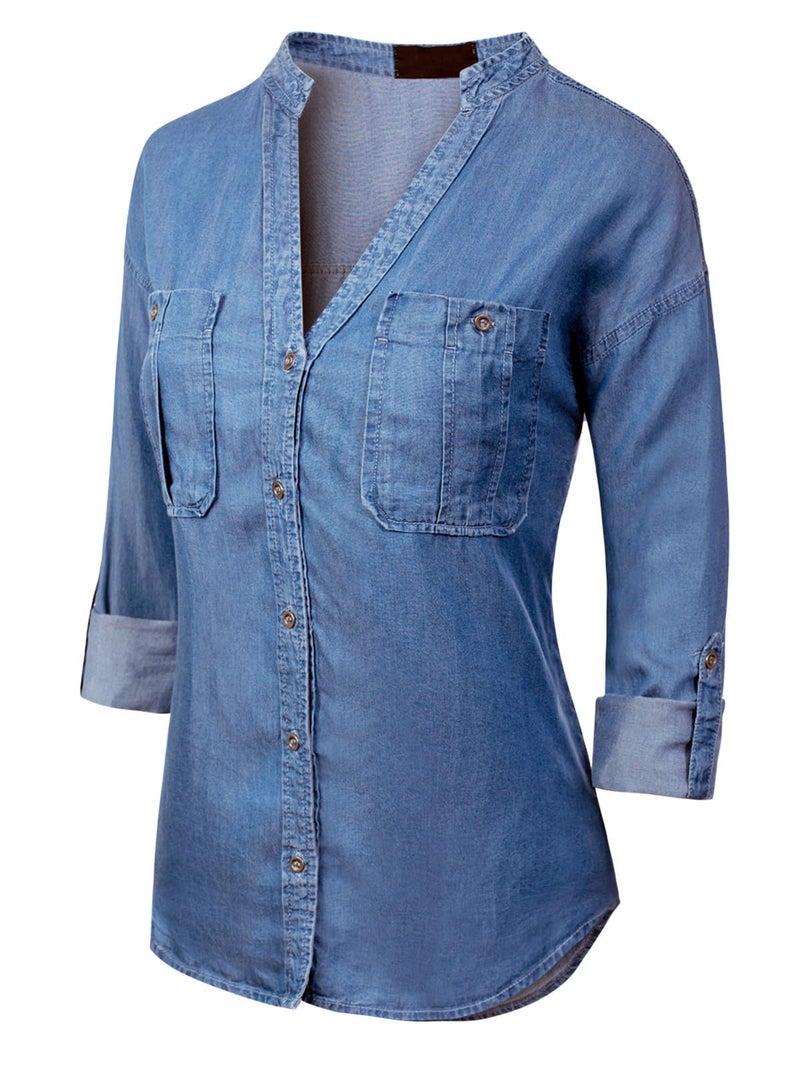 MixMatchy Women's Long Sleeve Solid Split Neck Tencel Button Down Shirt Blouse Medium Denim S - Image 3