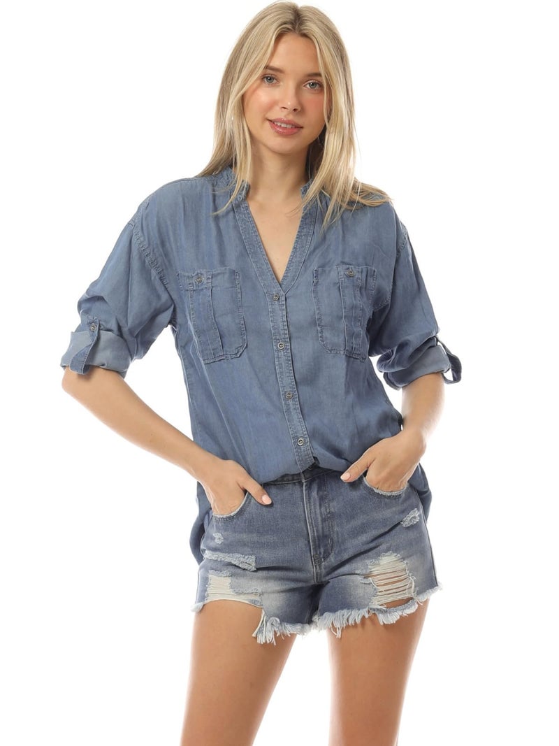 MixMatchy Women's Long Sleeve Solid Split Neck Tencel Button Down Shirt Blouse Medium Denim S - Image 5