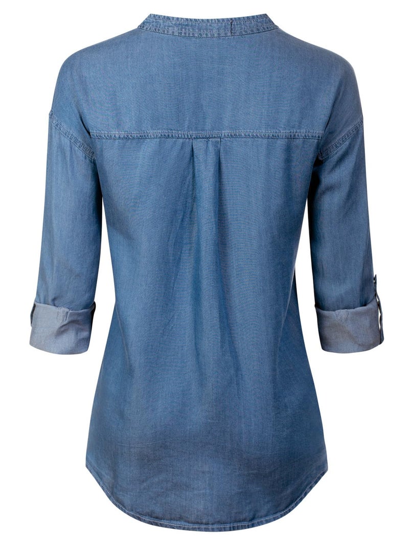 MixMatchy Women's Long Sleeve Solid Split Neck Tencel Button Down Shirt Blouse Medium Denim S - Image 4