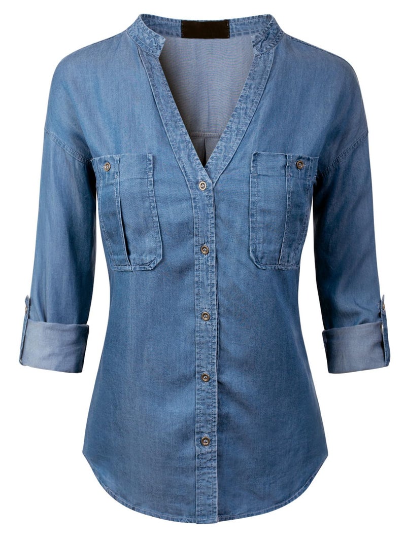 MixMatchy Women's Long Sleeve Solid Split Neck Tencel Button Down Shirt Blouse Medium Denim S - Image 1