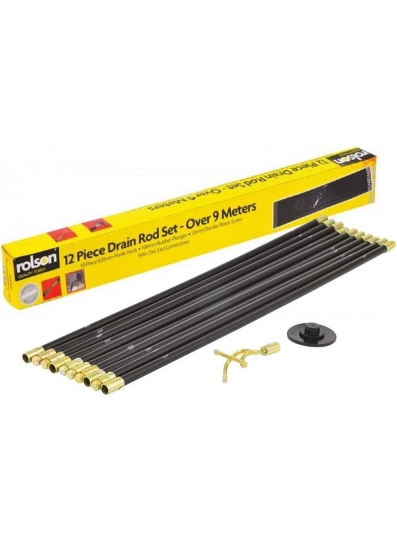 Rolson 60967 12pc Drain Rod Set - External Drain & Sewer Cleaning Rods with Polypropylene Interlocking Rods, Rubber Plunger & Double Worm Screw for Outdoor Blockage Removal - Image 1
