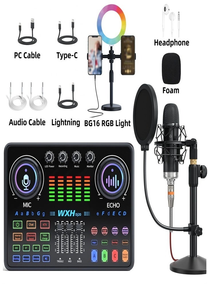 Live Streaming and Tik Tok Bundle - Studio Mic, Sound Card, RGB Light Strip, Noise Cancelling Audio Sound Card Mixer (with Phone and Computer Holder) - Image 1